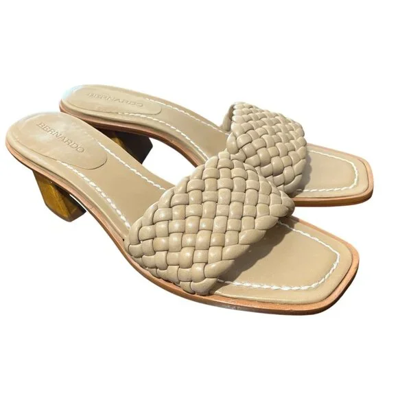 Bernardo Bethesda Woven Leather Beige Sandal Wood Block Heel Mule Womens Size 11 - Picture 1 of 8